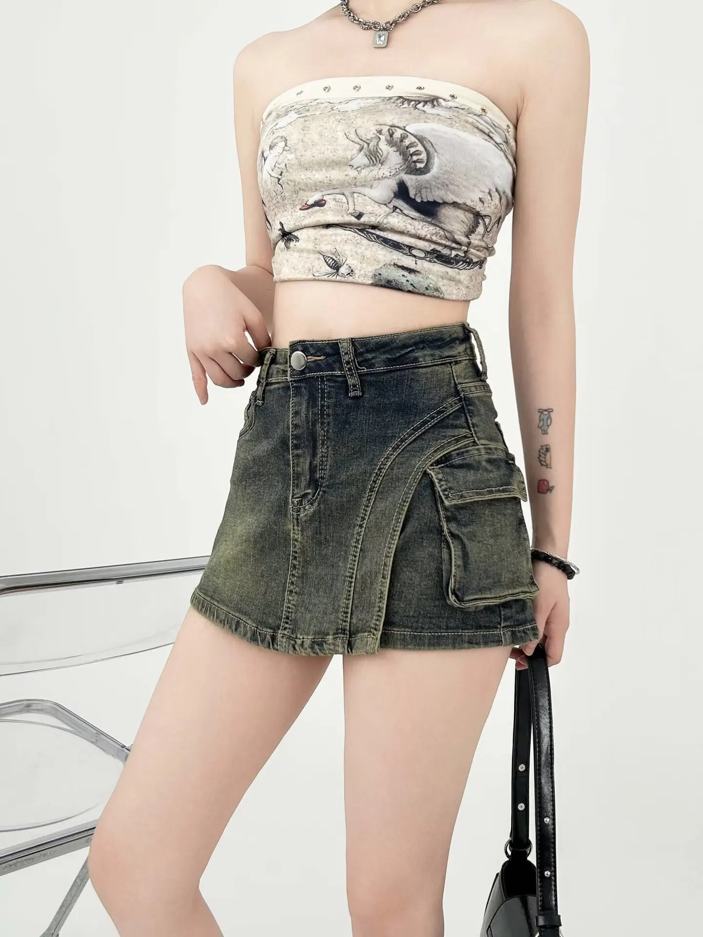 

Y2K Vintage Women Korean Button Short Denim Mini Skirts Aesthetic Fairy Sexy Slim High Waiste Jeans A-line Skirt Pockets Skirt