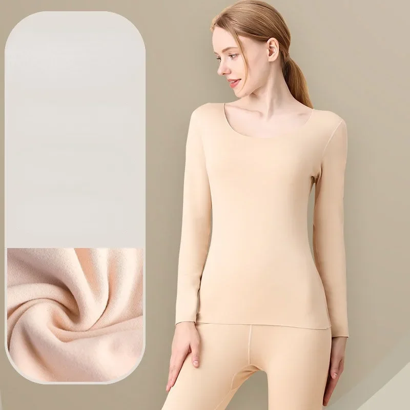 2025 New De Rong Non-marking Thermal Underwear Women's Autumn Clothes Autumn Pants Set Round Collar Plushing Thick Undershirt