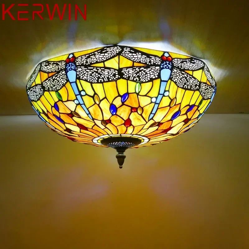 

KERWIN Tiffany Ceiling Light American Countryside Bedroom Study Modern Creative Bar Counter Corridor Colored Glass Ceiling Light