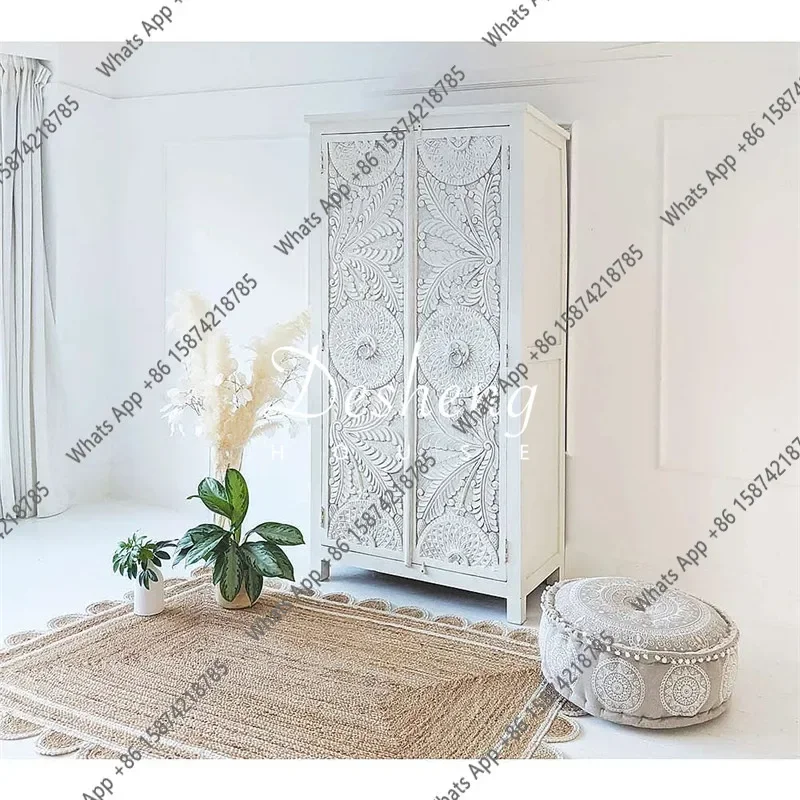 

N64 French retro old solid wood wardrobe European hand-carved bedroom wardrobe storage locker antique white export