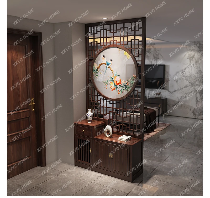 

L screen partition cabinet, living room double-sided embroidered solid wood hollow flower grid to block the entrance entrance