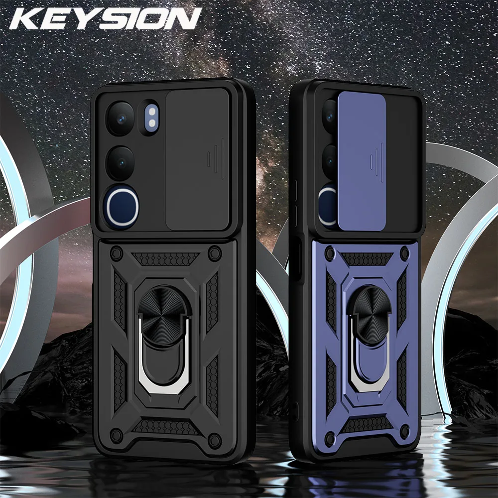 KEYSION Shockproof Case for VIVO V40 Lite V40 SE 80W Slide Camera Protection Ring Stand Phone Back Cover for VIVO Y200 5G Y19S