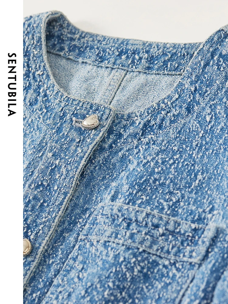 SENTUBILA Women Blue Cropped Denim Jacket Female Outerwear 2024 Spring Autumn Pocket Round Neck Long Sleeve Denim Coat W41W53692