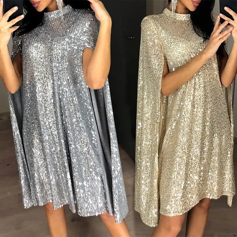 2024  European and American New Women's Cross-Border Hot Selling Small Stand Collar Sequins Dress Loose