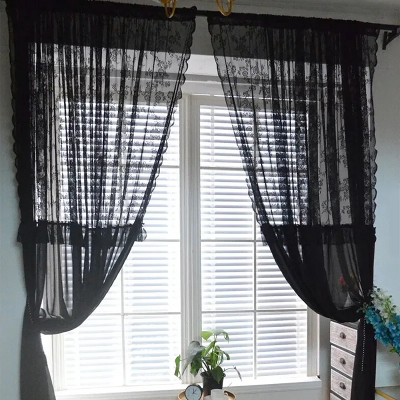 Black Ruffled Lace Sheer Curtains for Kitchen, Farmhouse, Wedding Party, Ceremony Background, Rustical Floral Window Dr