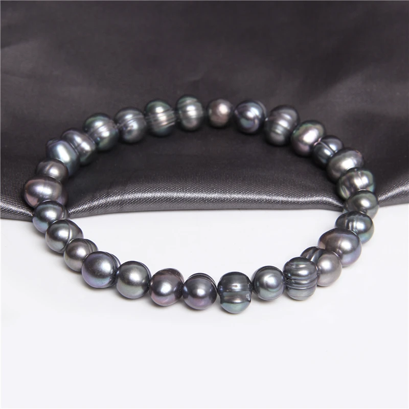 7-8 Freshwater Baroque Black Pearl Bracelet Genuine Natural Pearls Beaded Bangles Elastic Chain for Women Men Fine Jewelry Gift