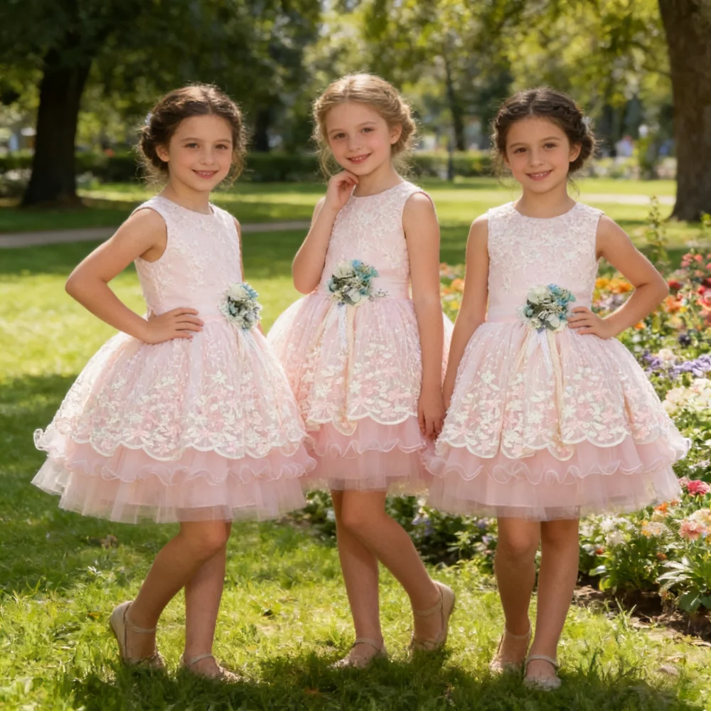 Evening Princess Dress Girls 3D Floral Applique Pageant Party Occasion Kids Clothing Flower Girl Wedding Gown Children Birthday