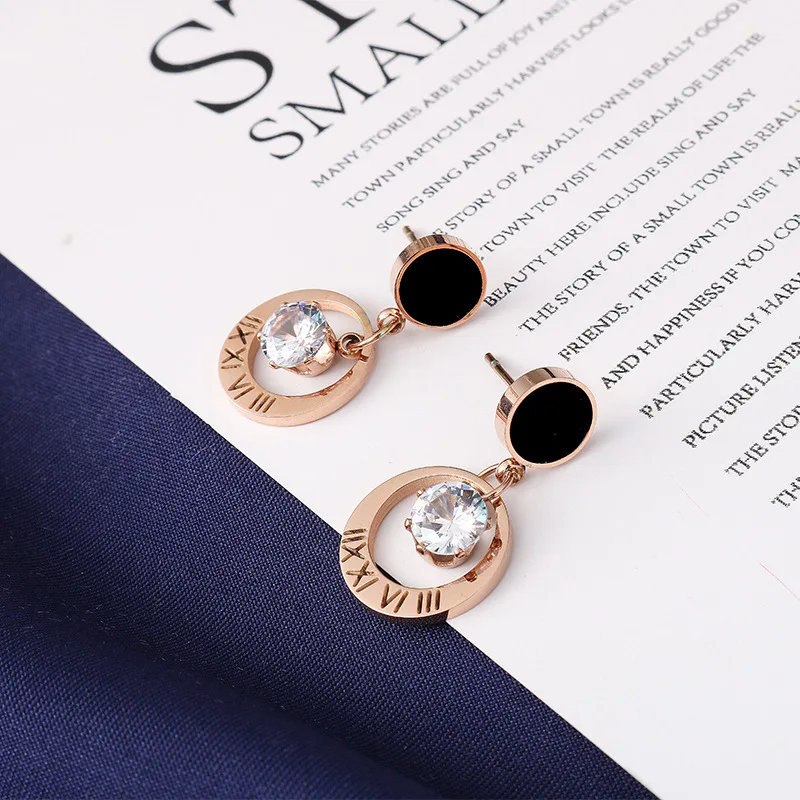 OIMG 316L Stainless Steel Rose Gold Color Metal Roman Numerals Circle Stud Earrings For Women Girls Korean Pendant Earrings