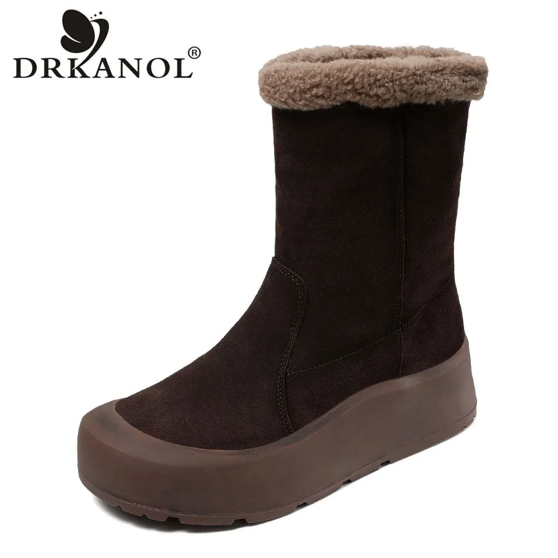 DRKANOL Handmade Retro Winter Snow Boots For Women Quality Suede Leather Slip On Thick bottom Flat Platform Warm Mid Calf Boots