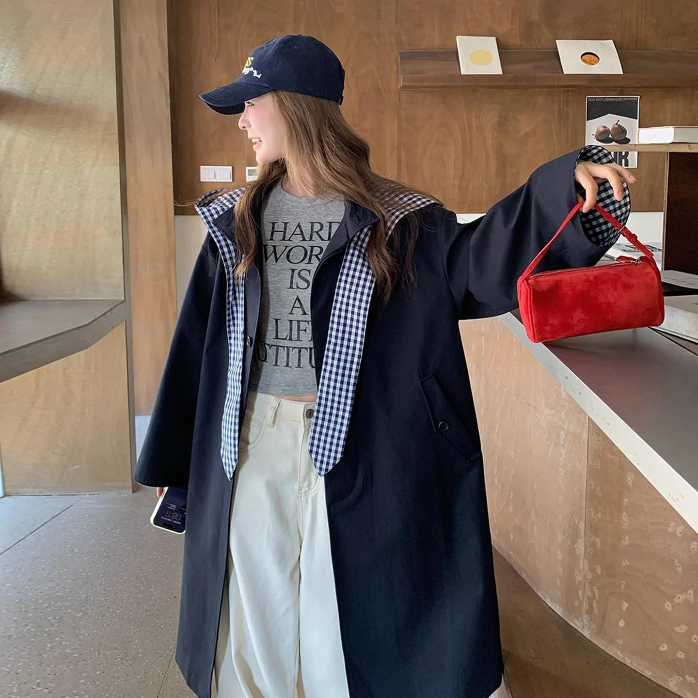 

SuperAen 2026 Autumn New Korean-style Plaid Patchwork Hooded Trench Coat for Women Navy Blue Fashionable Loose Casual Long Coats