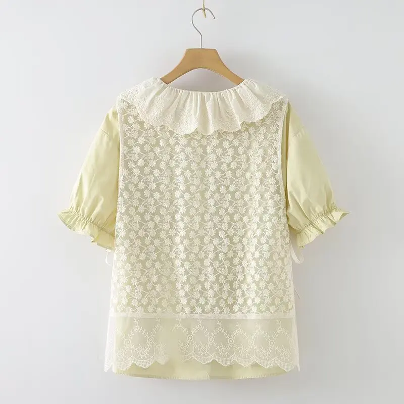 ใหม่2025ฤดูร้อนผ้าฝ้ายเสื้อชุด2ชิ้นผู้หญิงTurn-Downคอเย็บปักถักร้อย, Moriสาวหวานแขนสั้นชุดS55824CC