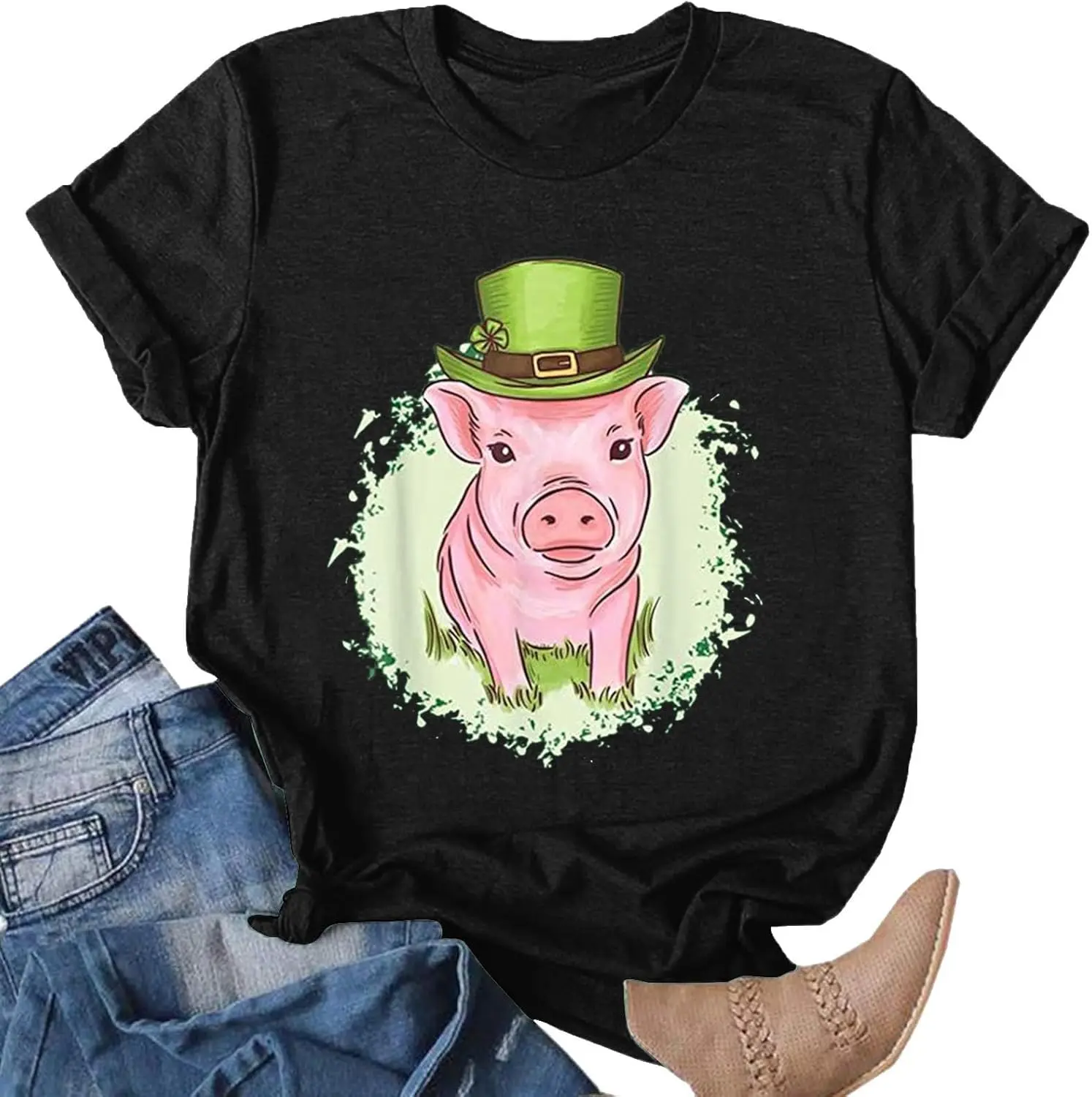 Women St Patricks Day Shirt Outdoor Sports Shamrock Irish Pig Lightweight Casual Top Holiday Short Sleeve Tops