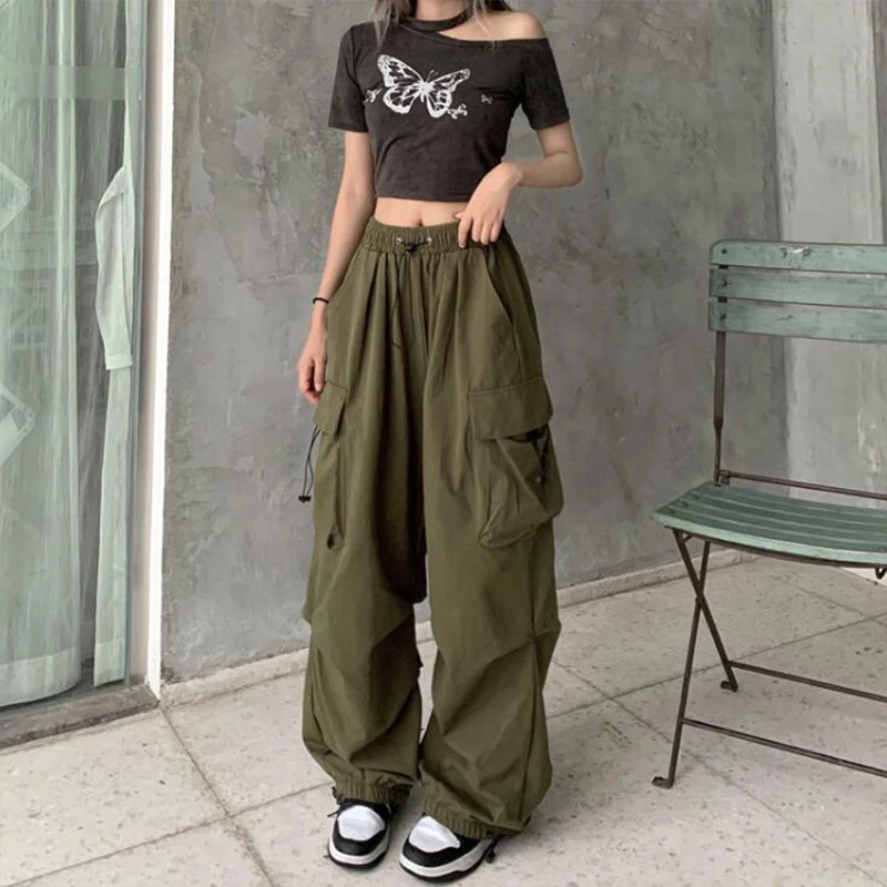 Drawstring Wide Leg Baggy Trousers Y2k Streetwear Oversize Sweatpants Women Casual Joggers Tech Pants Solid Low Waist Sweatpants