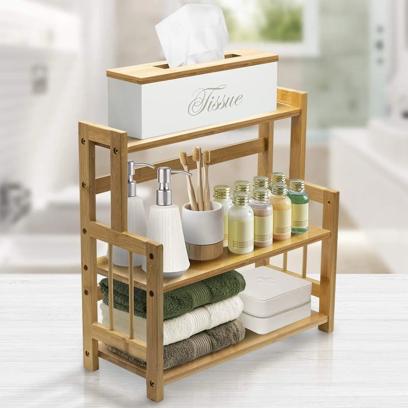 

Bamboo Kitchen Counter Organizer 3-tier Wooden Storage Spice Rack Makeup Display Stand Bathroom Shelves