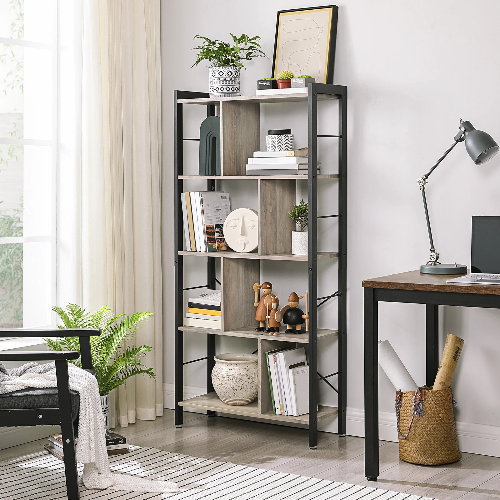 VASAGLE 5-Tier Bookshelf, Office Shelf, Large Open Shelf, Metal Structure, Industrial Style