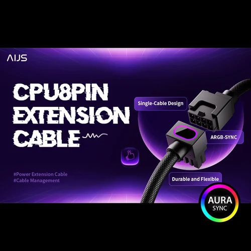 Imagen 1 del producto AIJS CPU8pin Cable de extensión ARGB Light con 5V 3Pin, Cable de alimentación de placa base 18AWG 90 ° Diseño en ángulo recto macho a hembra