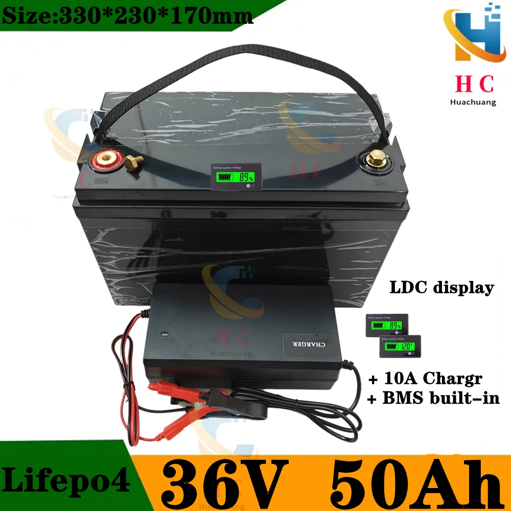 Rechargeable 2000 Deep Cycles 36V 50Ah Lifepo4 Lithium Batteries Pack with BMS for RV /Camper/Car or Boat/Inverter +10A Charger