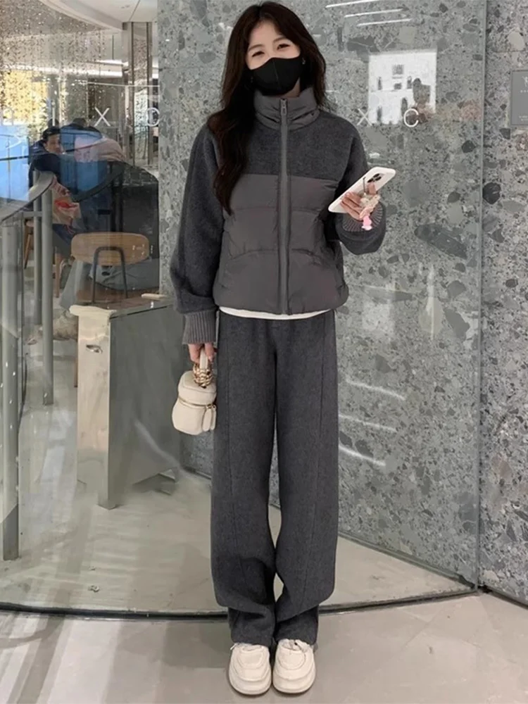 

Женский теплый комплект: куртка и брюки из хлопка с шерстяными вставками и флисовой подкладкой, модный повседневный стиль, большие размеры