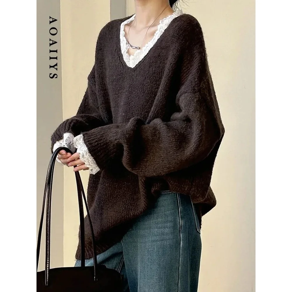 

Vintage Women's V-Ne Lace Spliced Sweater Cleanfit Sle Winter Thiened Pullover Fem Faion Online And In-Store