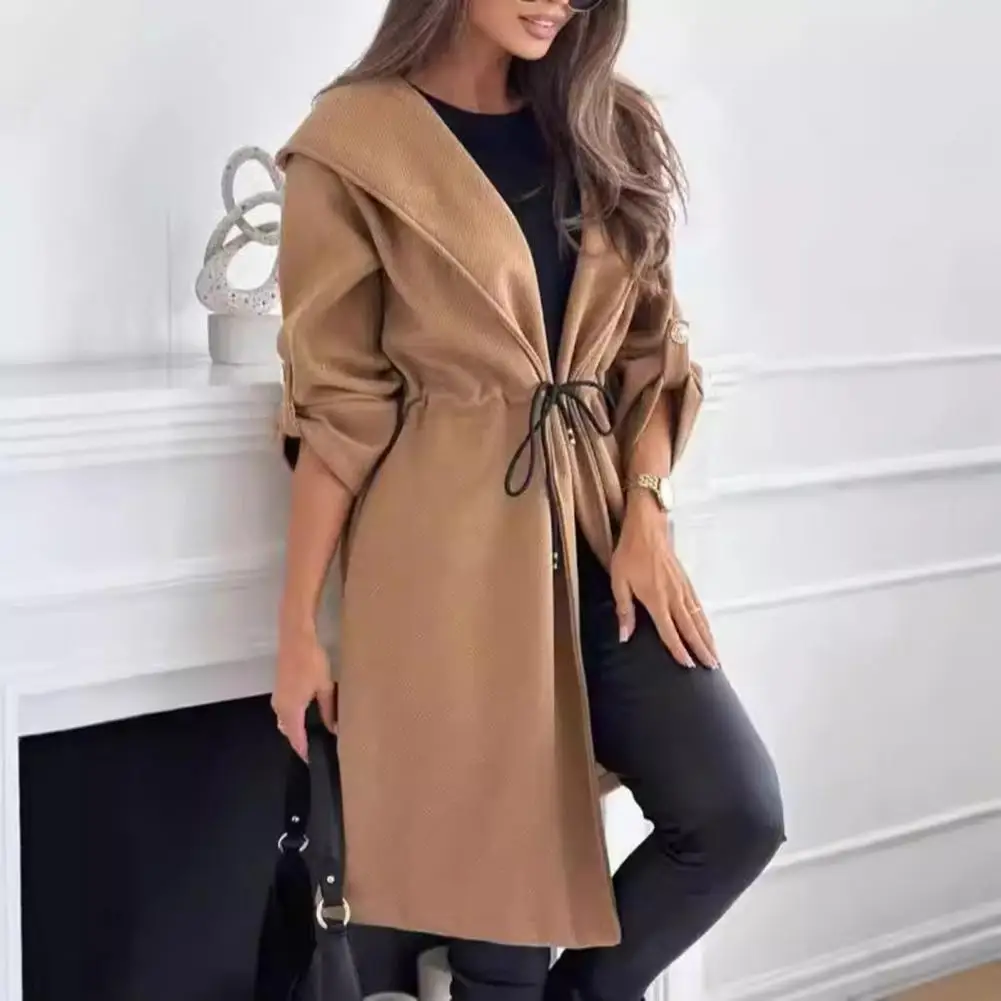 Women Trench Caot Winter Drawstring Slim Waist Hooded Lady Coat Solid Color Mid Length Long Sleeve Overcoat With Cufflinks