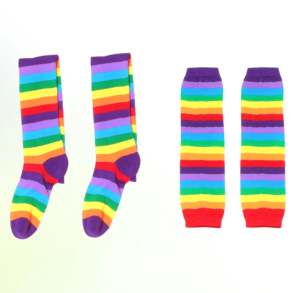 

2pcs Party Gloves Socks Set Rainbow Strips Design Thigh High Warm Stockings For Women Reusable Scratch Resistant Easy Wash