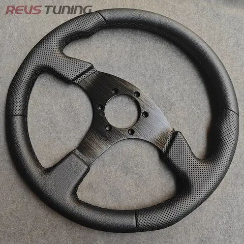 14'' 350mm Flat Red Stitch Leather Racing Sport Car Drift Steering Wheel Game Gaming Simulator Simulation Steering Wheel