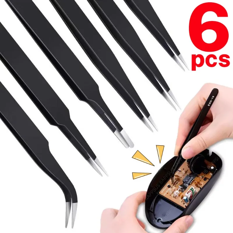 1-6Pcs Precision Tweezers Set ESD Anti-Static Stainless Steel Tweezers Repair Tools for Electronics Repair Soldering Craft Tools