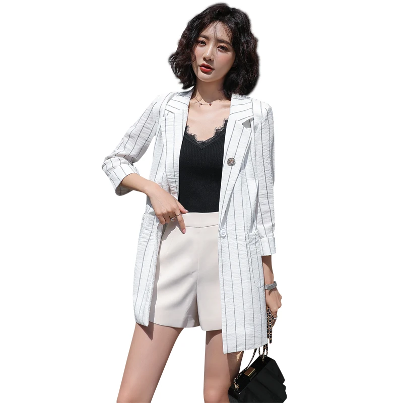 Chic Cotton Linen Seven-Quarter Sve Damen Slim Fit Gestreifter dünner Western-Sle-Mantel Pendeln Sle Button Ket