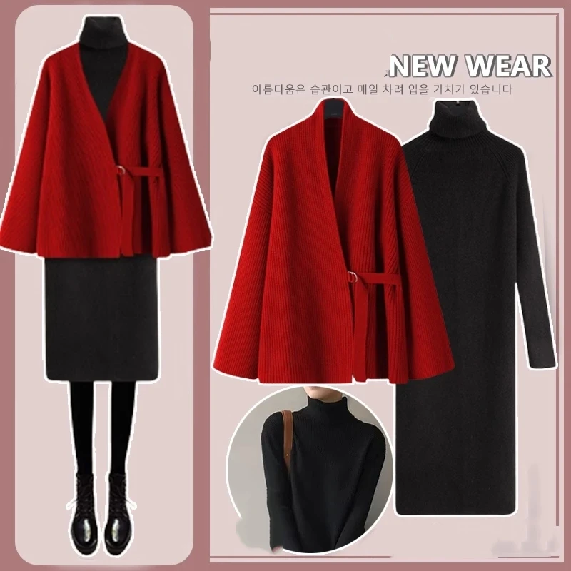 

Women's Autumn Winter Lucky Red V-Neck Sweater Turtleneck Dress 1 or Two Piece Set Lady Fashion Joker Knit Tops Dresses Outfits