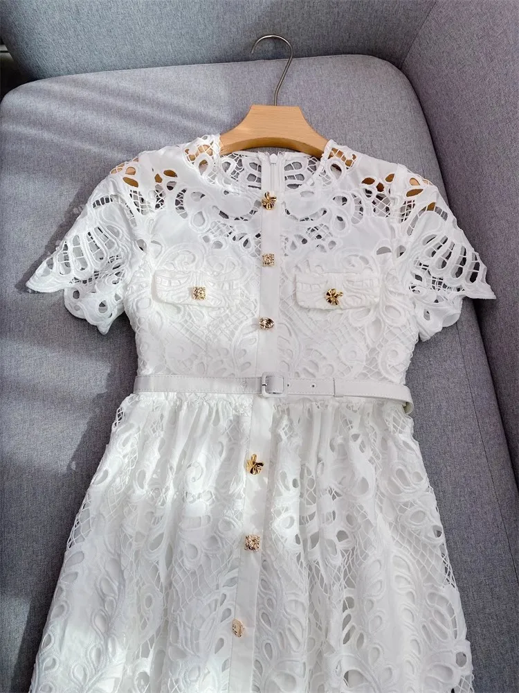 Summer Autumn Holiday White Lace Prom Wedding Dress Women Single Breasted Metal Button Flower Embroidery Midi Long Sundress