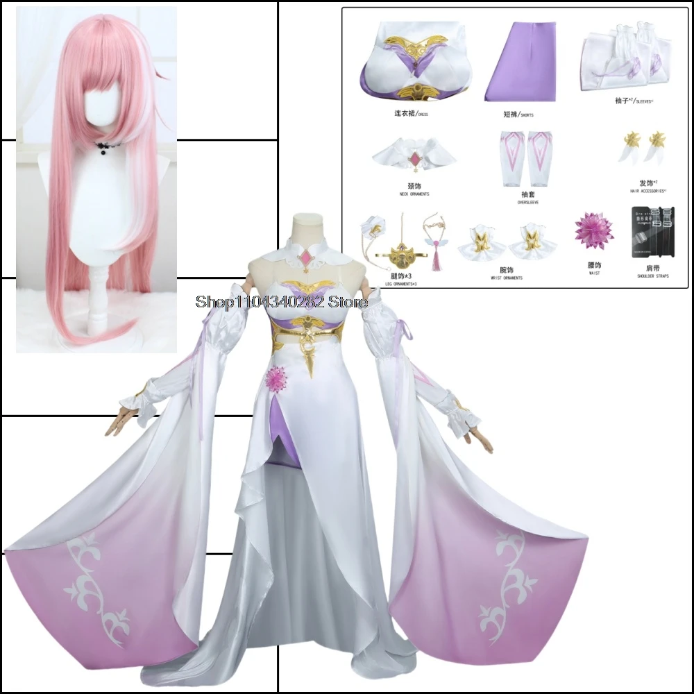 Juego de Anime Honkai Impact 3 Cosplay disfraz de Elysia Angel Returns polvo blanco vestido de noche peluca mujer traje personalizado de Navidad