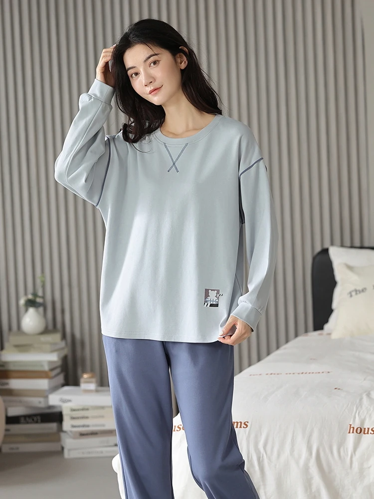 بيجامة من القطن الخالص للخريف والشتاء للنساء، سراويل طويلة بأكمام طويلة، ملابس منزلية بسيطة للنساء، يمكن ارتداؤها في الخارج