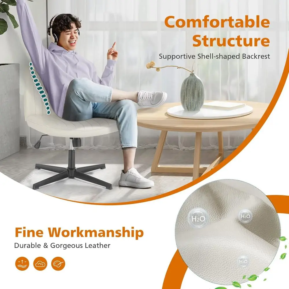 كرسي مكتب دوار قابل للتعديل، بدون ذراع، جلد صناعي، بدون عجلات، ارتفاع الغرور، مقعد عريض لاستخدام الكمبيوتر المكتبي المنزلي