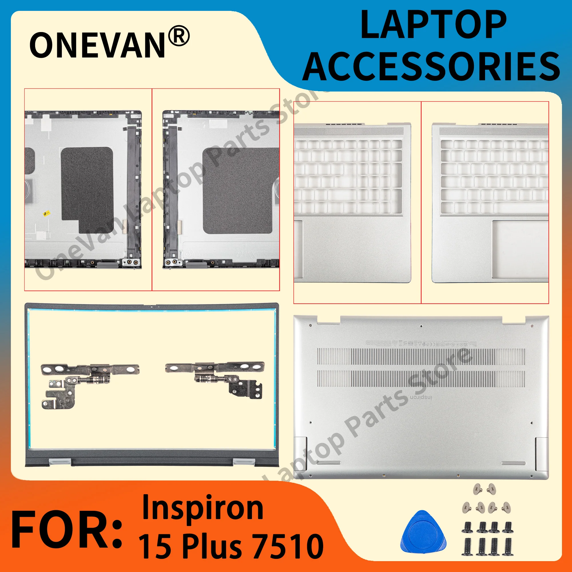 

For D Inspiron 15 Plus 7510 Laptop Case Parts LCD Back Cover Bezel Palmrest Bottom Case Hinges Notebook Cover Repair Silver