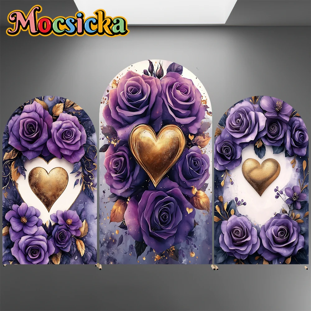 

Mocsicka Arch Backgrounds Double-Sided Mr&Mrs Love Golden Heart Party Arched Covers Backdrops Purple Flowers Decors Studio Props