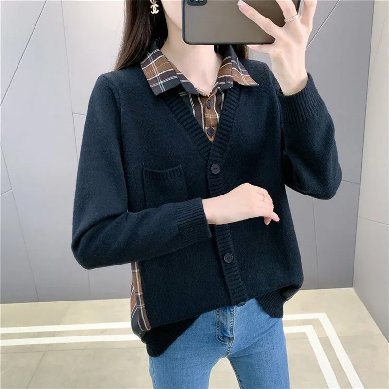 

Splicing Fake Two-piece pullover plaid Shirt Sweater Women Autumn 2025 New Korean Fashion knitted Bottoming Shirt Female Tops