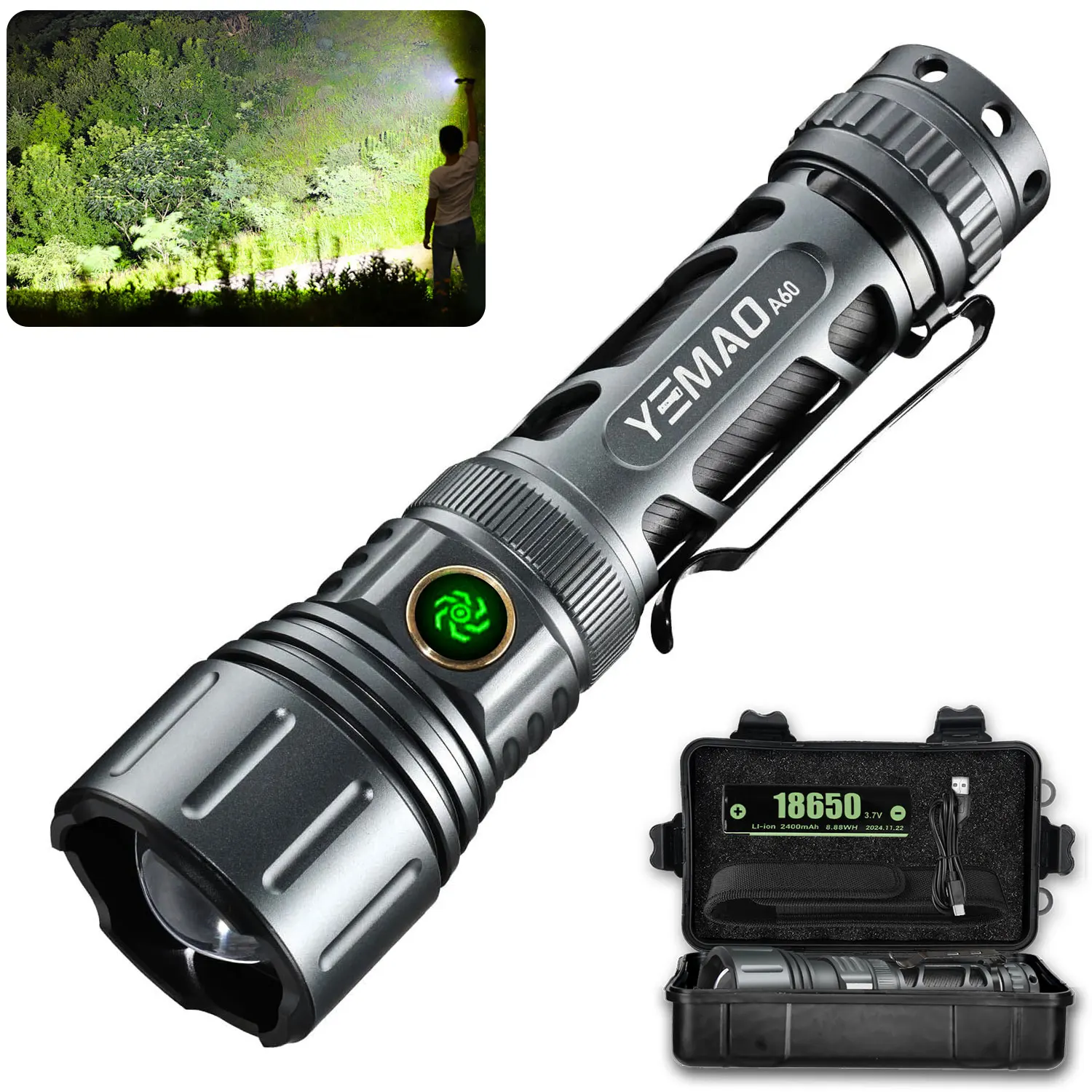 

YEMAO A60 1200LM Rechargeable LED Tactical Flashlight, 7 Modes, Aluminum Allo Adjustable Focus Flashlight, 18650 Battery