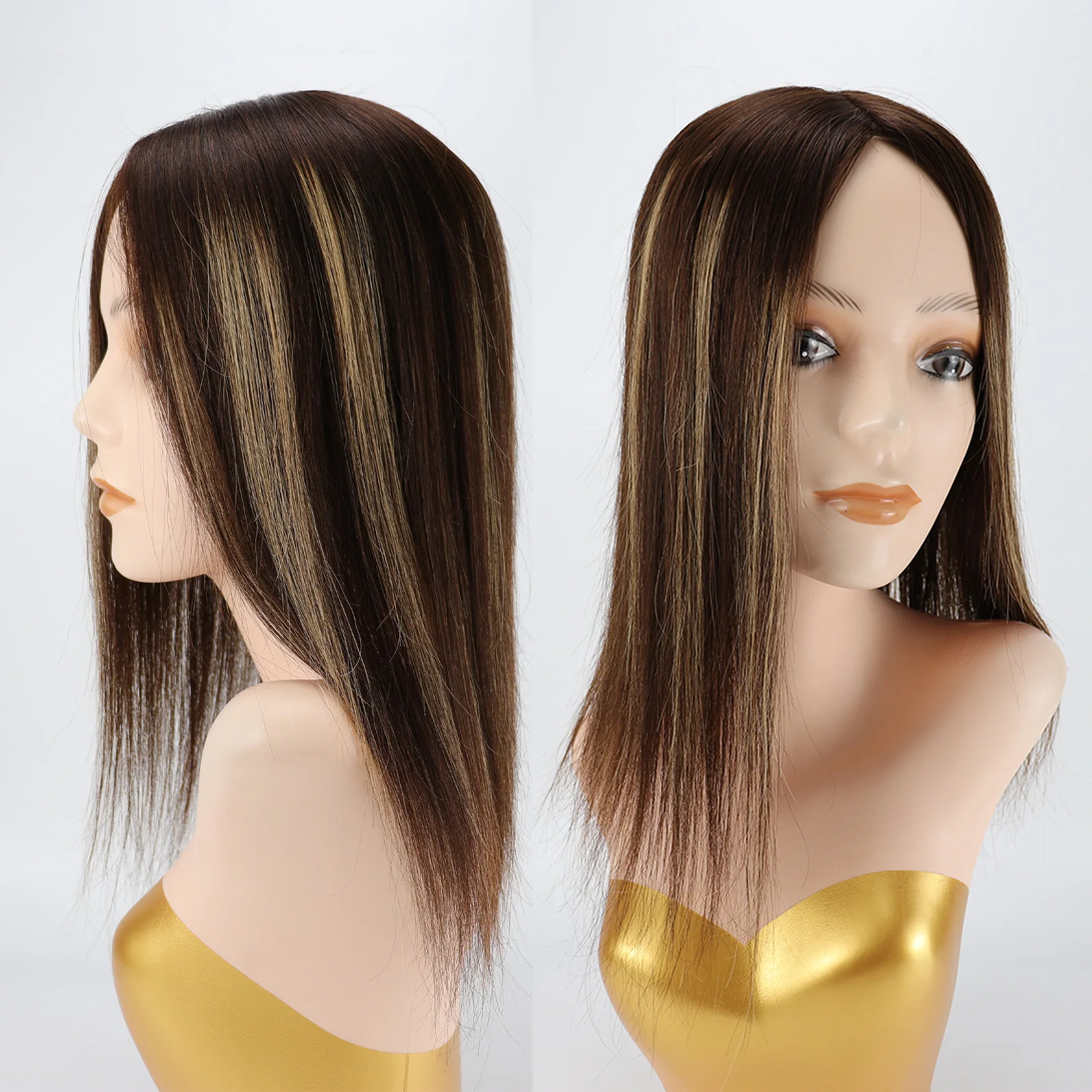 InjBase-Topper cheveux humains vierges pour femme, 4/27 point culminant, dessus en peau droite avec PU autour de la couleur du piano avec clips