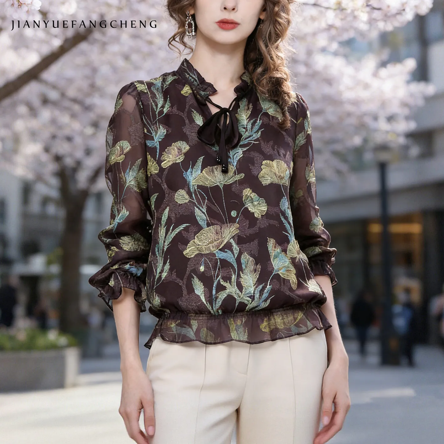 

Модная женская блузка из шифона с принтом лотоса, длинным рукавом и V-образным вырезом, весна 2026, новинка, повседневный легкий дышащий топ