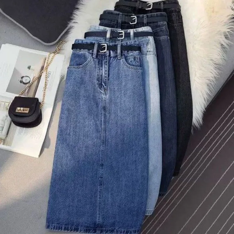 

Skirts,High Waisted Skirt, Women's Denim Skirt, Over The Knee Casual Skinny Denim Skirt, Slit Mid-Length Skirt , A Line Skirts