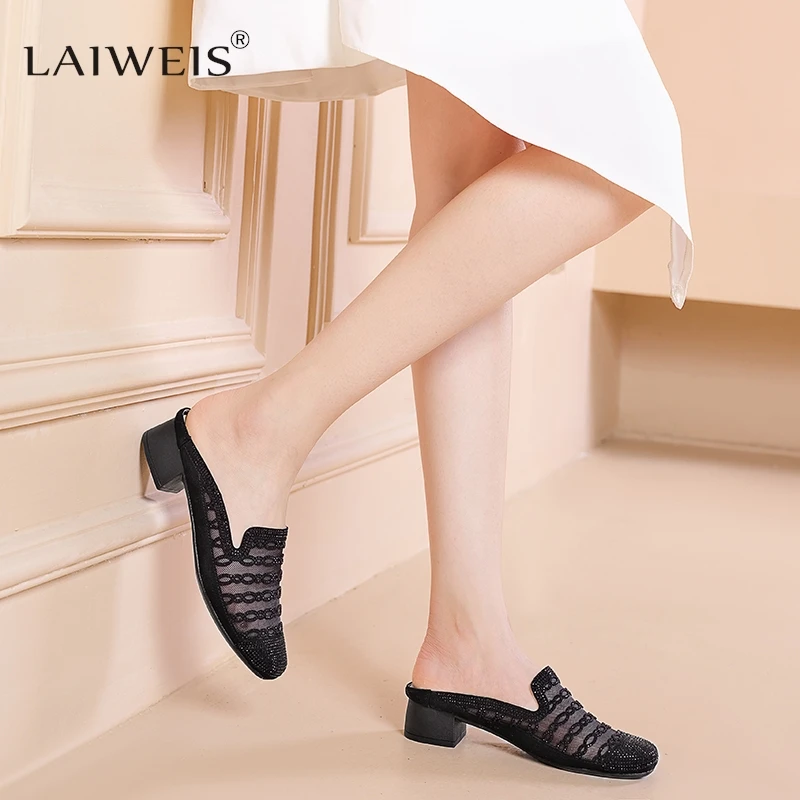 

2024 Mules Shoes Women's Summer Slippers Beach Soft Women Sandals Hollow Out Mid Heels Slides Footwear Flip-flops Black Luxury