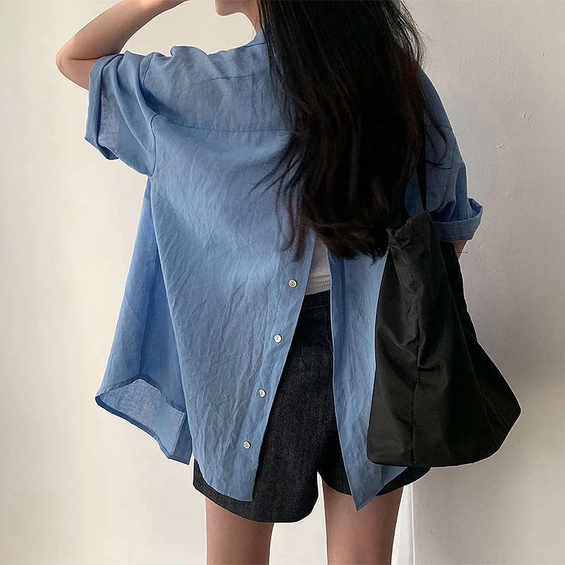 

Casual Versatile ort Sve Sun Protection irt Women's Summer Design Loose Thin Top Front And Ba Button Split Collar