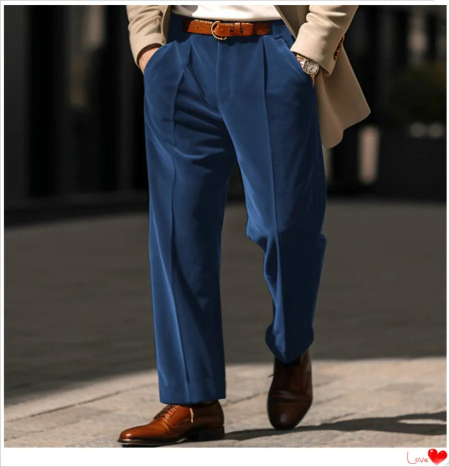 

Men's Autumn Winter Velvet Suit Pants Leisure Oblique Insertion Pocket Straight Trousers Comfortable Business Casual Pants Male