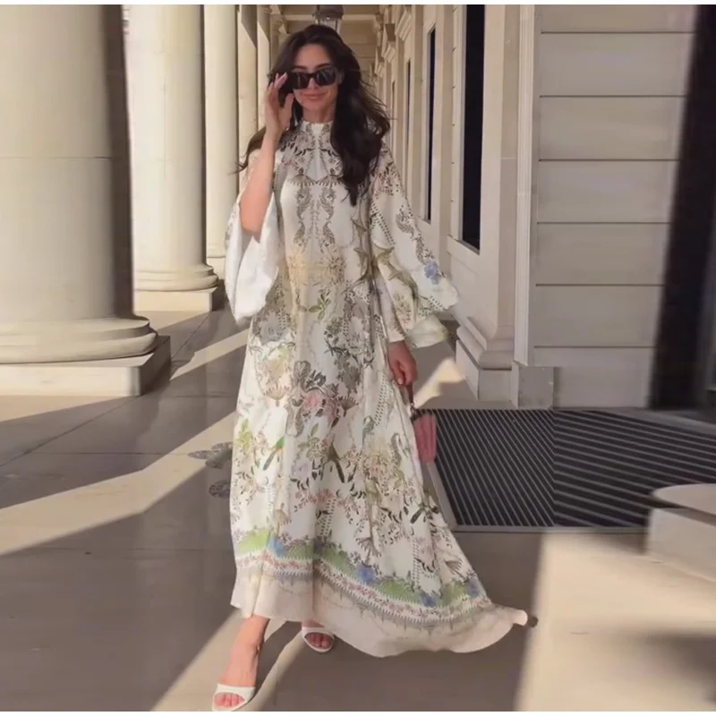 Printed Women's Maxi Dresses O-neck Big Swing Oversized Dress Irregular Hem Dresses Bohemian Female Robes Loose Partywear New