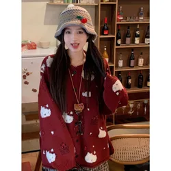 Hello Kitty Women Round Neck Knitted Sweater Cardigan Autumn Winter Loose Casual Cute Sweater Soft Warm Knitted Top Sweet Coat