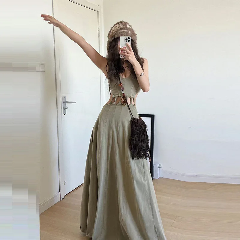 

Women's V-Neck Sexy Waist Openwork Big Skirt Dress Feminine Mopping Long Dresses Luxury Vintage Ethnic Wind Dress Clothing Y2k