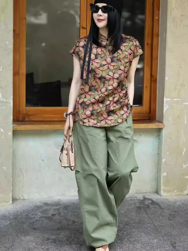 Nouveau chinois Sle jeune rétro Tang costume irt Ladylike coupe ample ort Sve col montant imprimé fleuri été 2025 haut tendance