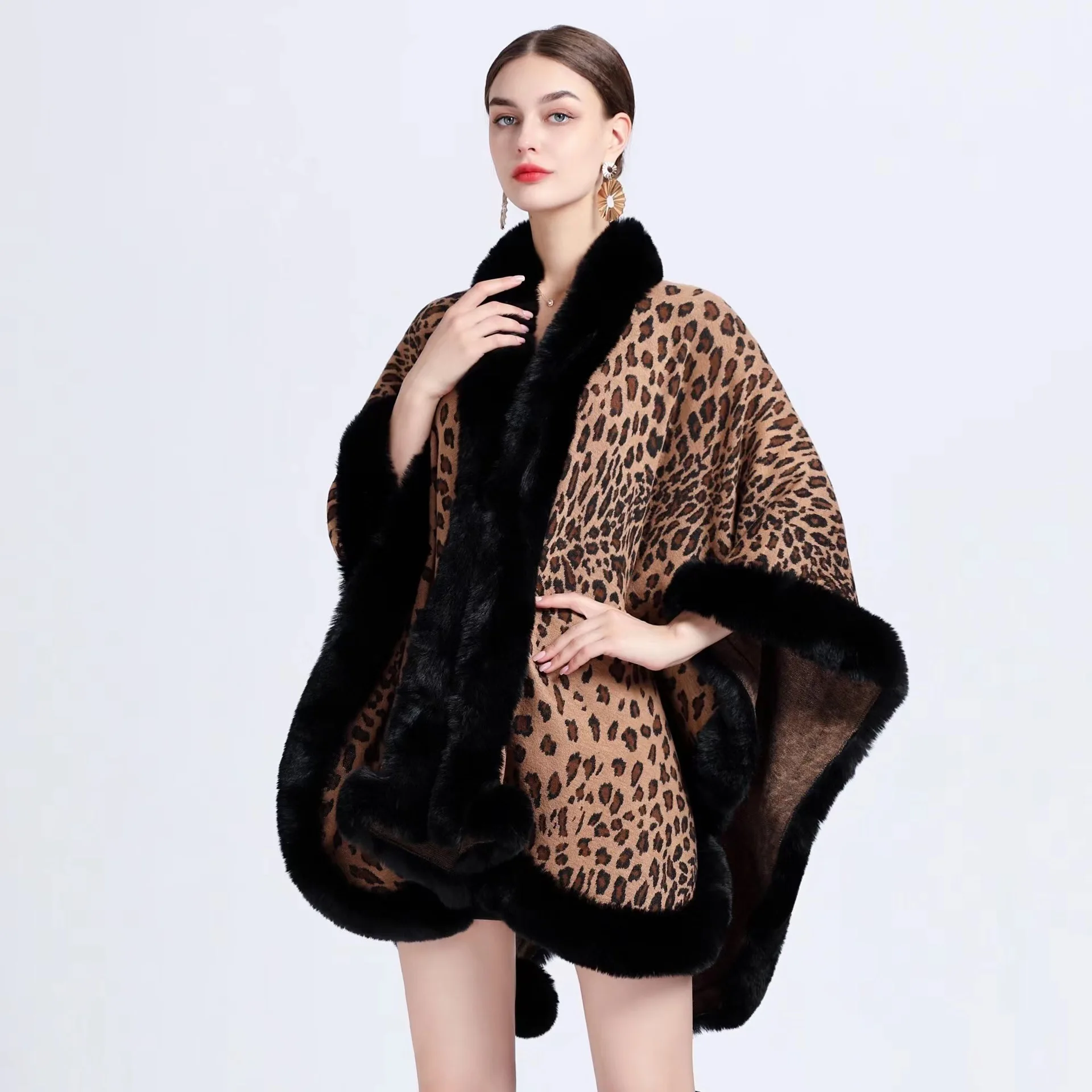 Women\'s Rex Rabbit Faux Fur Shawl Lady Luxury Leopard Overcoat Winter Keep Warm Wrap Sexy Cloak Classic Large Size Cardigan New