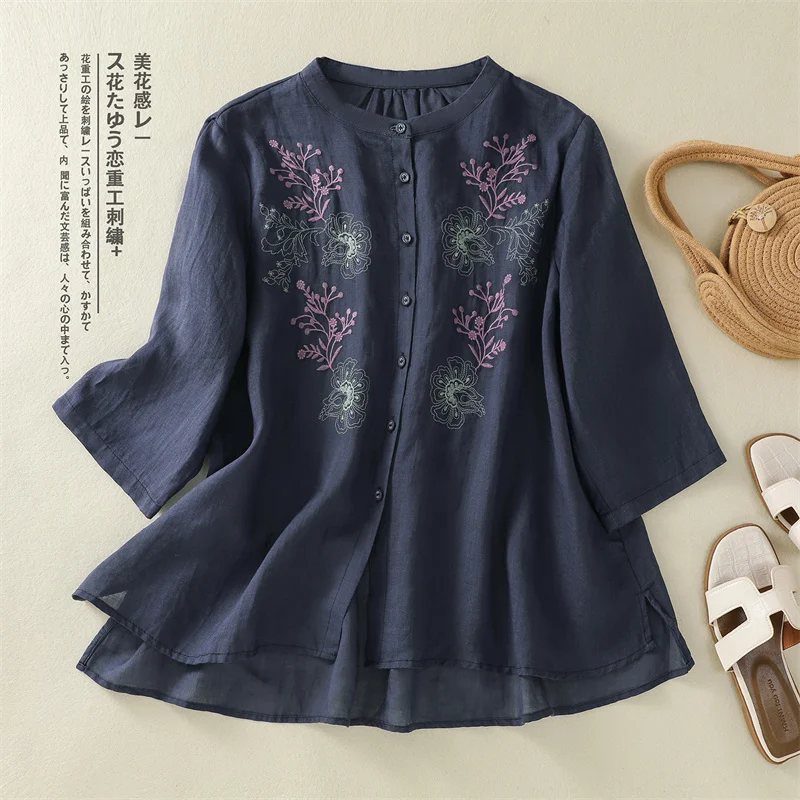 文学花刺繍サマーブラウス 2025 新しい女性シングルブレストコットンリネントップスルーズ半袖ルーズシャツ女性