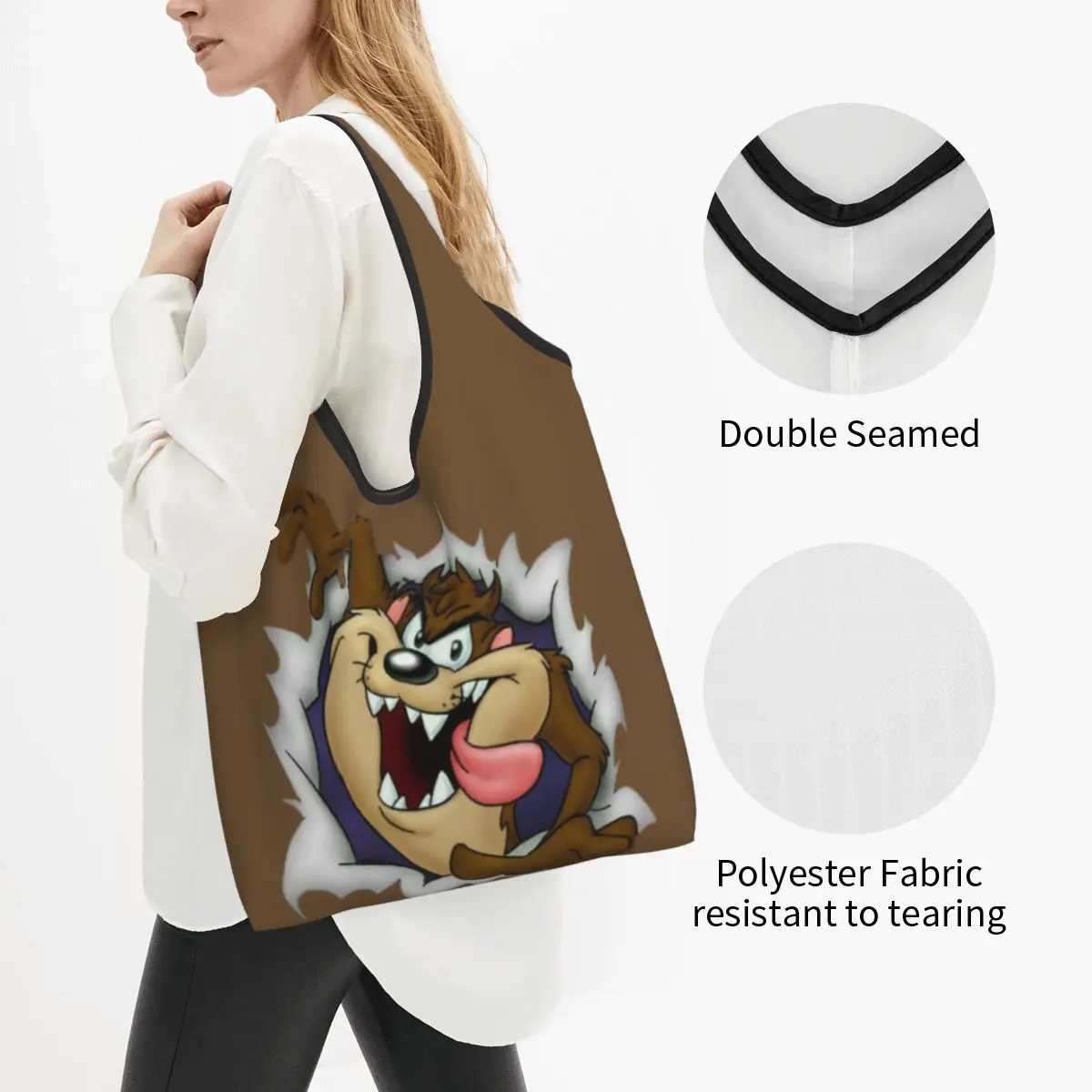 Custom Fashion Tasmanian Devil Shopping Tote Bags Portable Taz Cartoon Comic Grocery Shopper Shoulder Bag